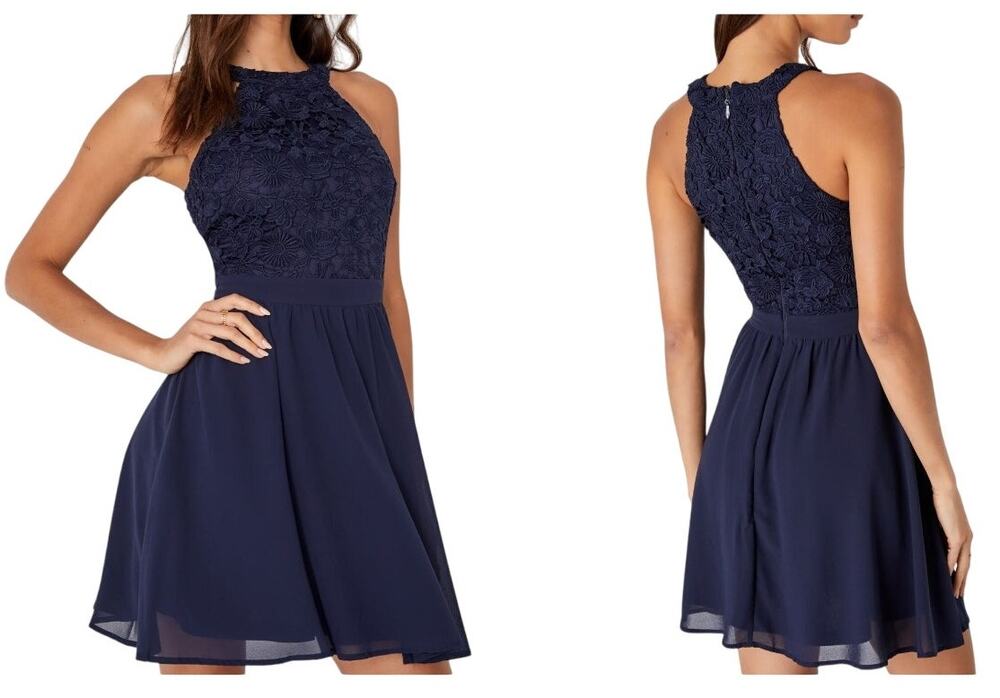 Lulus Lover's Game Navy Lace Skater Mini Dress Size XS Romantic Coquette Halter